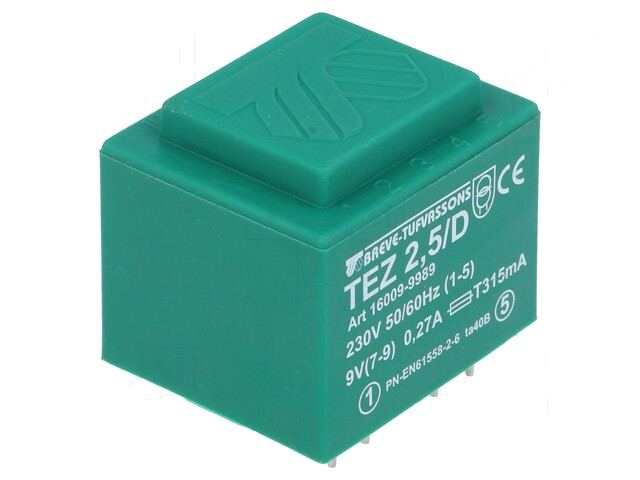 Transformator: ingegoten; 2,5VA; 230VAC; 9V; 277,7mA; PCB; IP00 Transformator: ingegoten; 2,5VA; 230VAC; 9V; 277,7mA; PCB; IP00